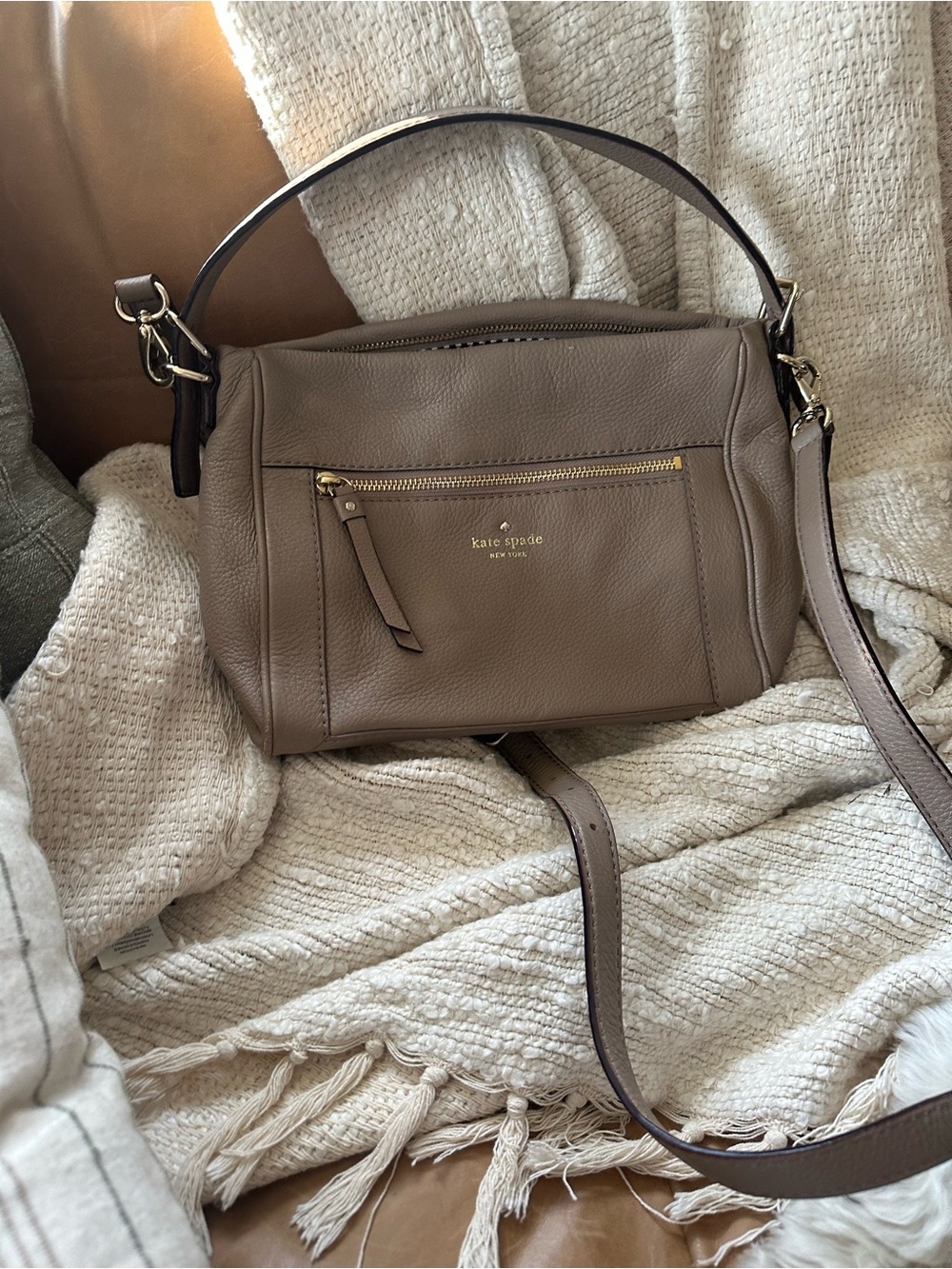 kate spade taupe shoulder and crossbody bag with gold hardware